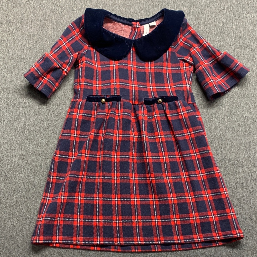 Janie and Jack Red & Navy Plaid Dress with Velvet Peter Pan Collar Size 6